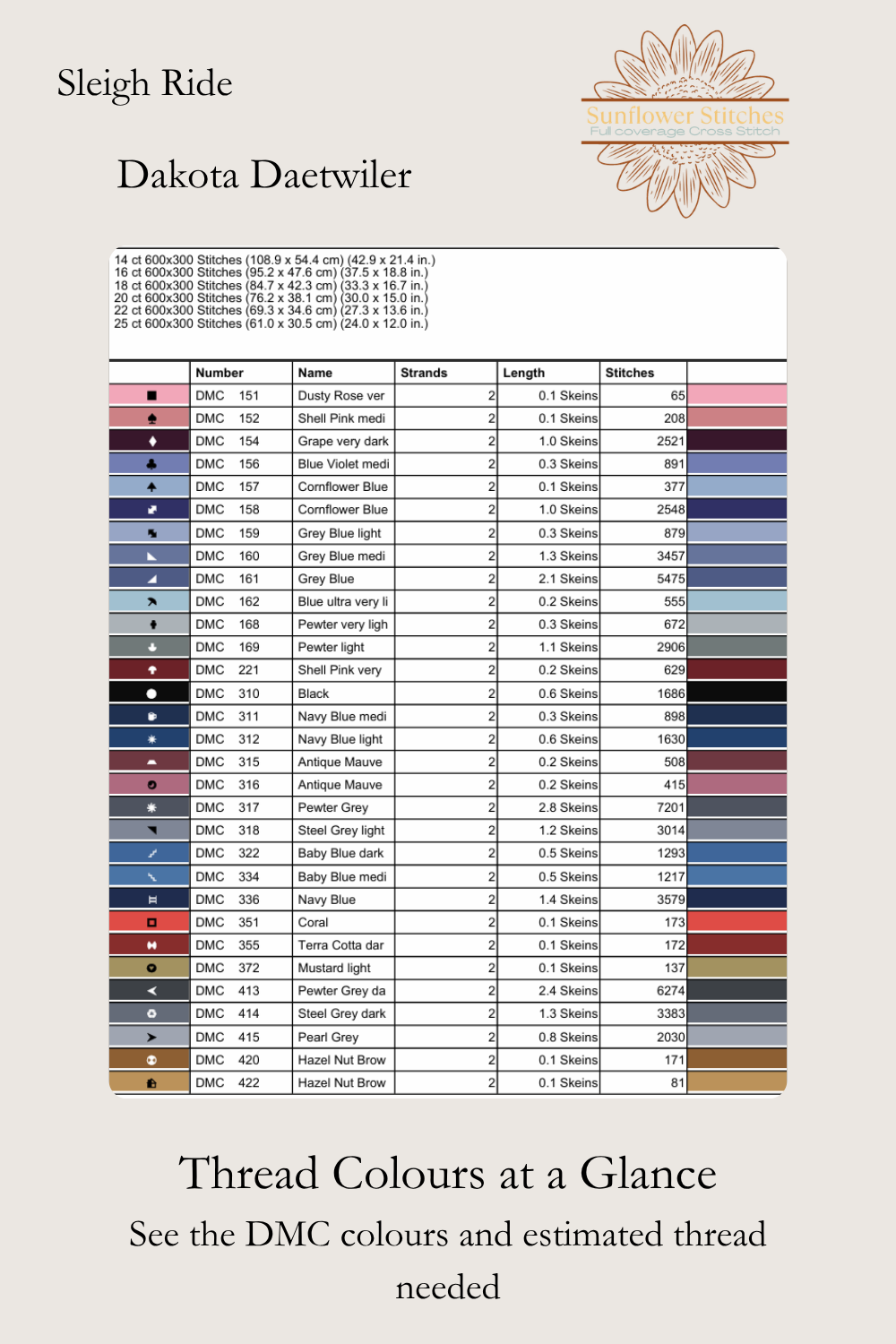 Sleigh Ride cross stitch DMC floss list preview showing thread colour codes and estimated usage, Sunflower Stitches.