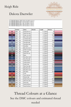 Sleigh Ride cross stitch DMC floss list preview showing thread colour codes and estimated usage, Sunflower Stitches.