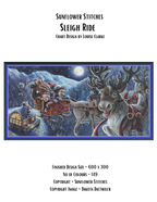 Sleigh Ride cross stitch pattern cover sheet preview showing design specifications and finished size details, Sunflower Stitches.