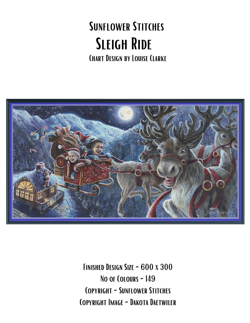 Sleigh Ride cross stitch pattern cover sheet preview showing design specifications and finished size details, Sunflower Stitches.