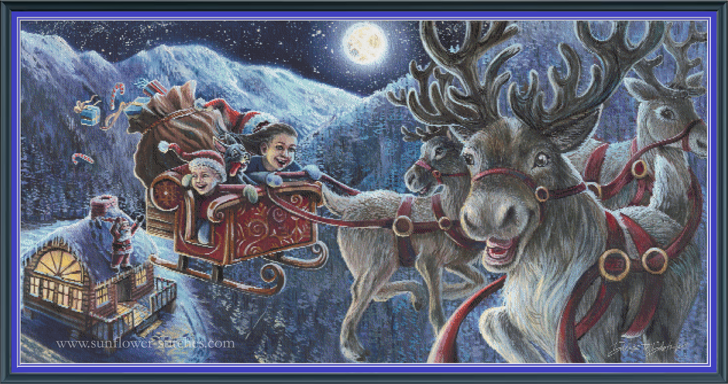 Sleigh Ride cross stitch pattern mockup featuring Santa Claus and happy children riding a reindeer-drawn sleigh across a snowy moonlit landscape, artwork by Dakota Daetwiler.
