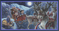 Sleigh Ride cross stitch pattern mockup featuring Santa Claus and happy children riding a reindeer-drawn sleigh across a snowy moonlit landscape, artwork by Dakota Daetwiler.