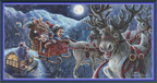 Sleigh Ride cross stitch pattern mockup featuring Santa Claus and happy children riding a reindeer-drawn sleigh across a snowy moonlit landscape, artwork by Dakota Daetwiler.