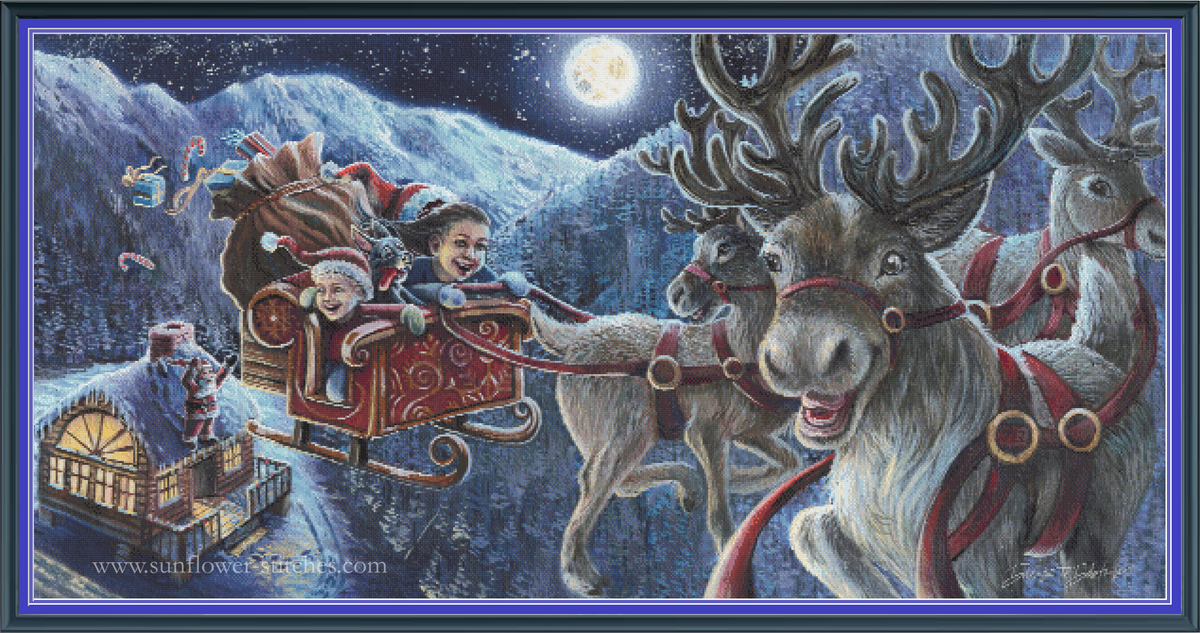 Sleigh Ride cross stitch pattern mockup featuring Santa Claus and happy children riding a reindeer-drawn sleigh across a snowy moonlit landscape, artwork by Dakota Daetwiler.