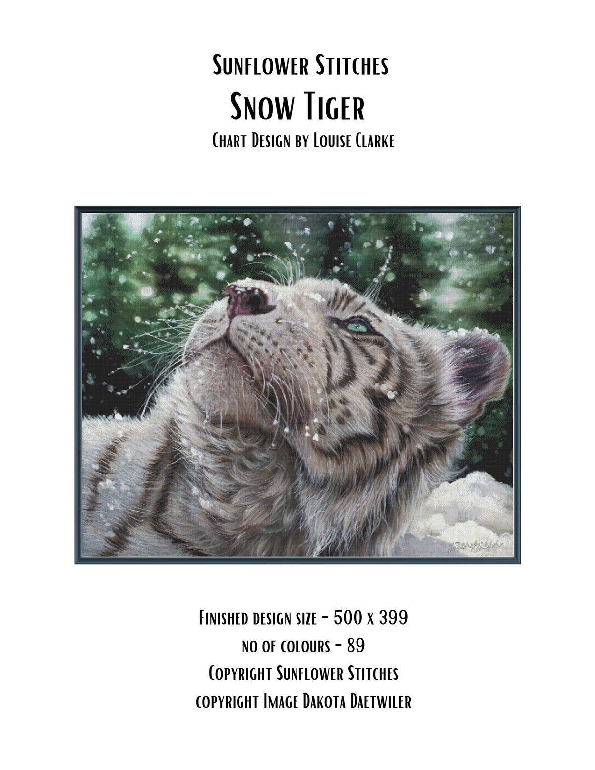 Sunflower Stitches 'Snow Tiger' chart cover showing a detailed painted tiger cub in a snowy forest, with text indicating chart design by Louise Clarke and finished design size 500 x 399.