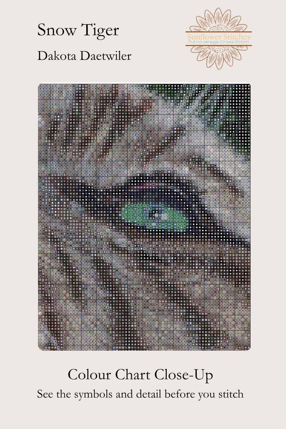 A close-up color chart for a snow tiger cross stitch design by Dakota Daetwiler, showing a pixelated close-up of a snow tiger's eye and fur on a light beige background with the title and logo.