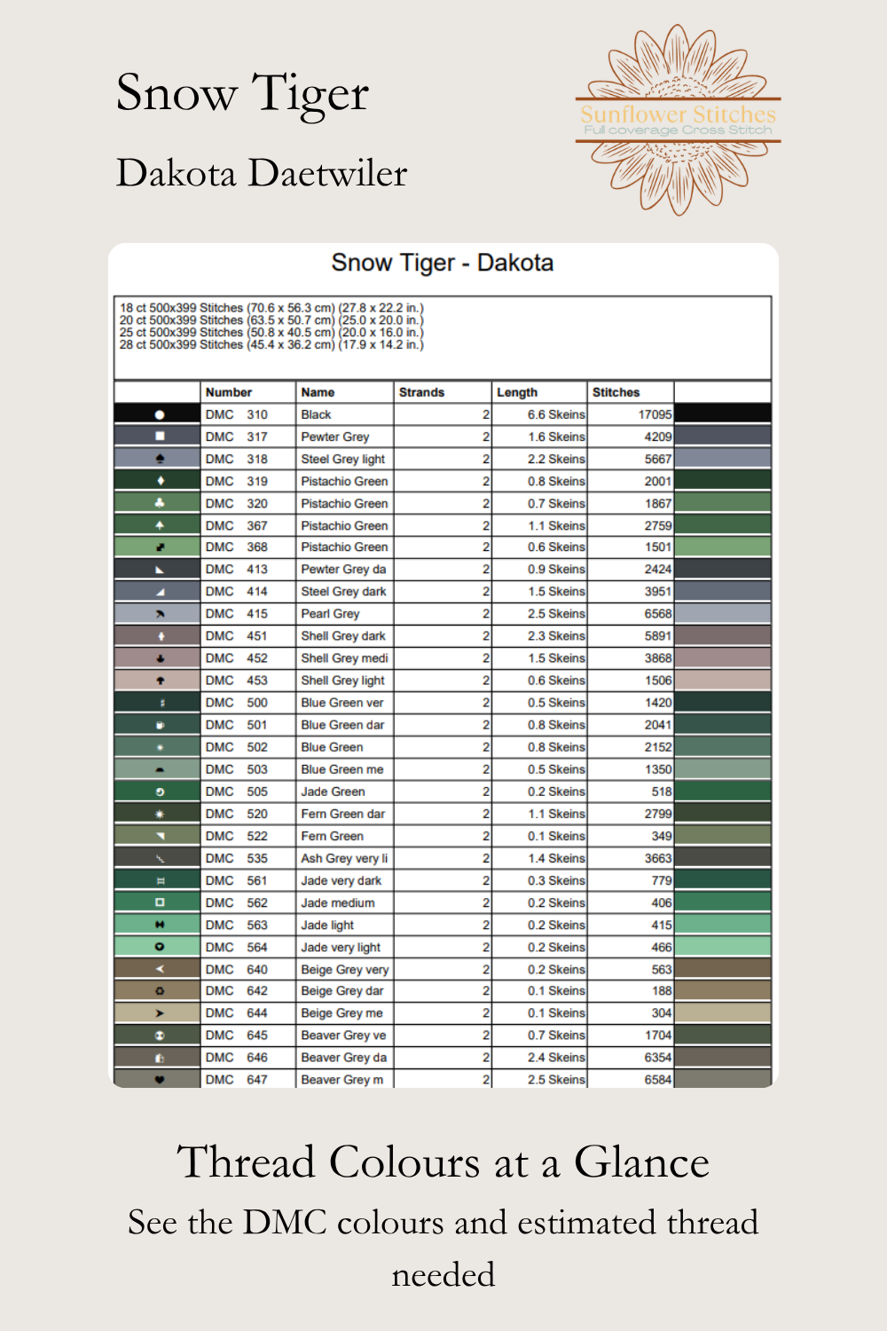 A DMC thread color chart titled 'Snow Tiger - Dakota' by Dakota Daewiler, showing a table of thread samples and color names with estimated thread counts, on a light gray background with the 'Sunflower Stitches' logo.