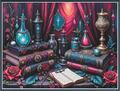 A framed fantasy still life cross stitch featuring ornate blue and purple books, glowing blue glass bottles, a large gold urn, red roses, an open book, and deep red curtains in the background.