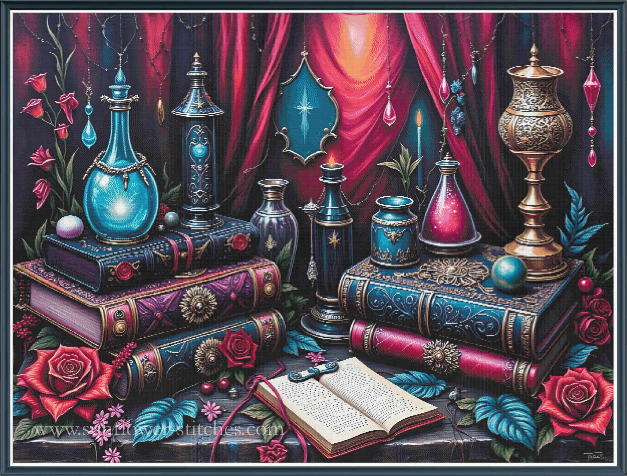 A framed fantasy still life cross stitch featuring ornate blue and purple books, glowing blue glass bottles, a large gold urn, red roses, an open book, and deep red curtains in the background.