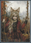 A cross-stitch pattern featuring a young girl with long blonde hair and wolf-like ears, wearing a red dress and sitting on a swing in an autumn forest. 