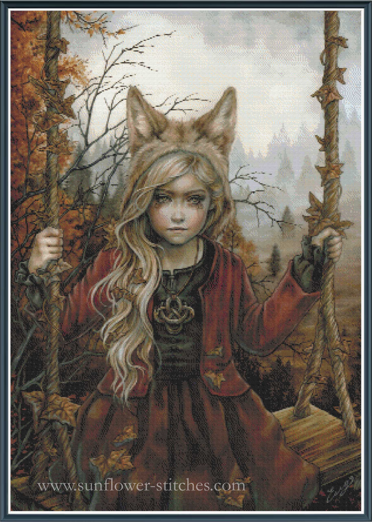 A cross-stitch pattern featuring a young girl with long blonde hair and wolf-like ears, wearing a red dress and sitting on a swing in an autumn forest. 