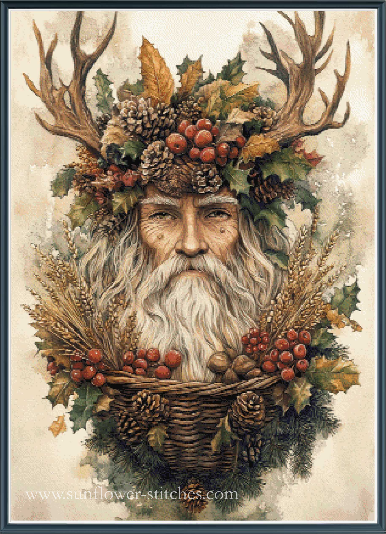 cross stitch design of  a bearded figure with antlers and nature elements on a textured background
