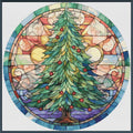 Colorful stained glass-style Christmas tree design on a circular background