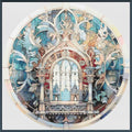 Decorative stained glass window design with intricate patterns and arches.