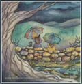 A square cross stitch featuring a whimsical outdoor scene with two figures under colorful umbrellas beside a stone wall and small pond, framed by a large tree trunk. The artwork has a dark blue border and the text 'www.