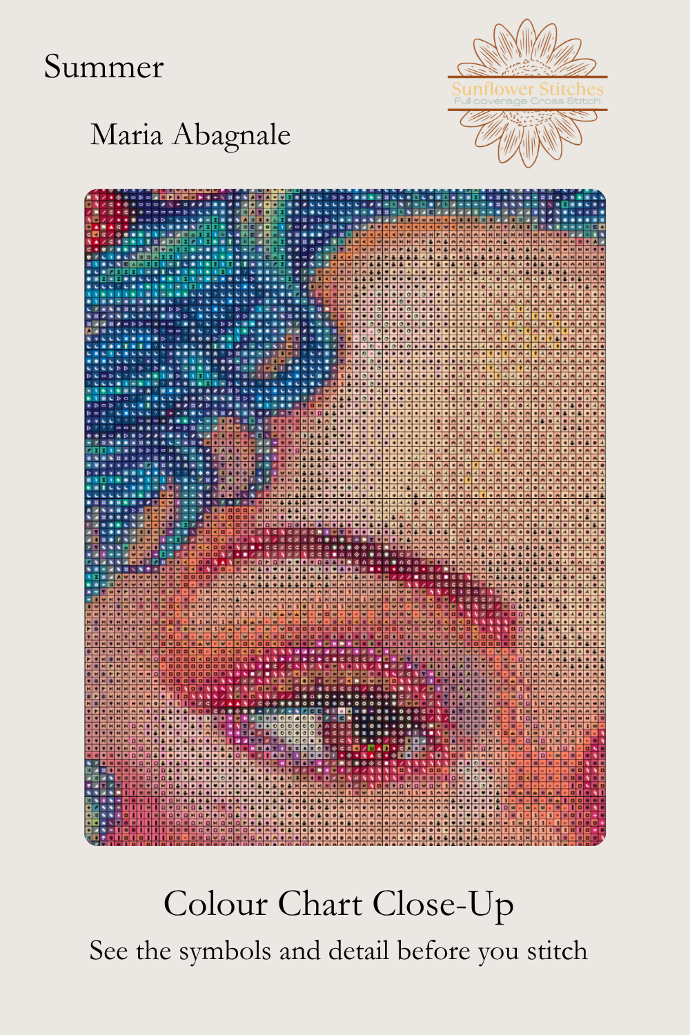 Summer colour chart close-up, showing stitch symbols over the woman’s eye and turquoise hair, Sunflower Stitches.