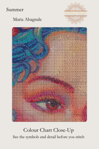 Summer colour chart close-up, showing stitch symbols over the woman’s eye and turquoise hair, Sunflower Stitches.
