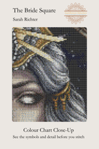 A close-up color chart and pattern preview for a cross-stitch pattern titled 'The Bride Square' by Sarah Richter. The image shows a detailed stitched portrait of a woman's face with a gold crown, presented on a light beige background with the title and a floral logo at the top and bottom.