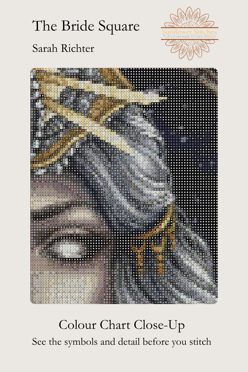 A close-up color chart and pattern preview for a cross-stitch pattern titled 'The Bride Square' by Sarah Richter. The image shows a detailed stitched portrait of a woman's face with a gold crown, presented on a light beige background with the title and a floral logo at the top and bottom.
