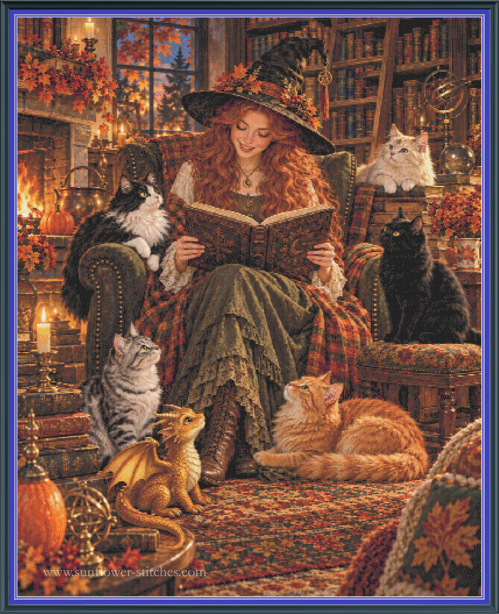 A cozy illustrated scene shows a woman in a witch hat reading a book in a warmly lit room, surrounded by several cats and a small dragon. The artwork fills most of the frame and appears to be the product itself rather than a photo of a physical item in a real environment, so subject_type is Scenery.