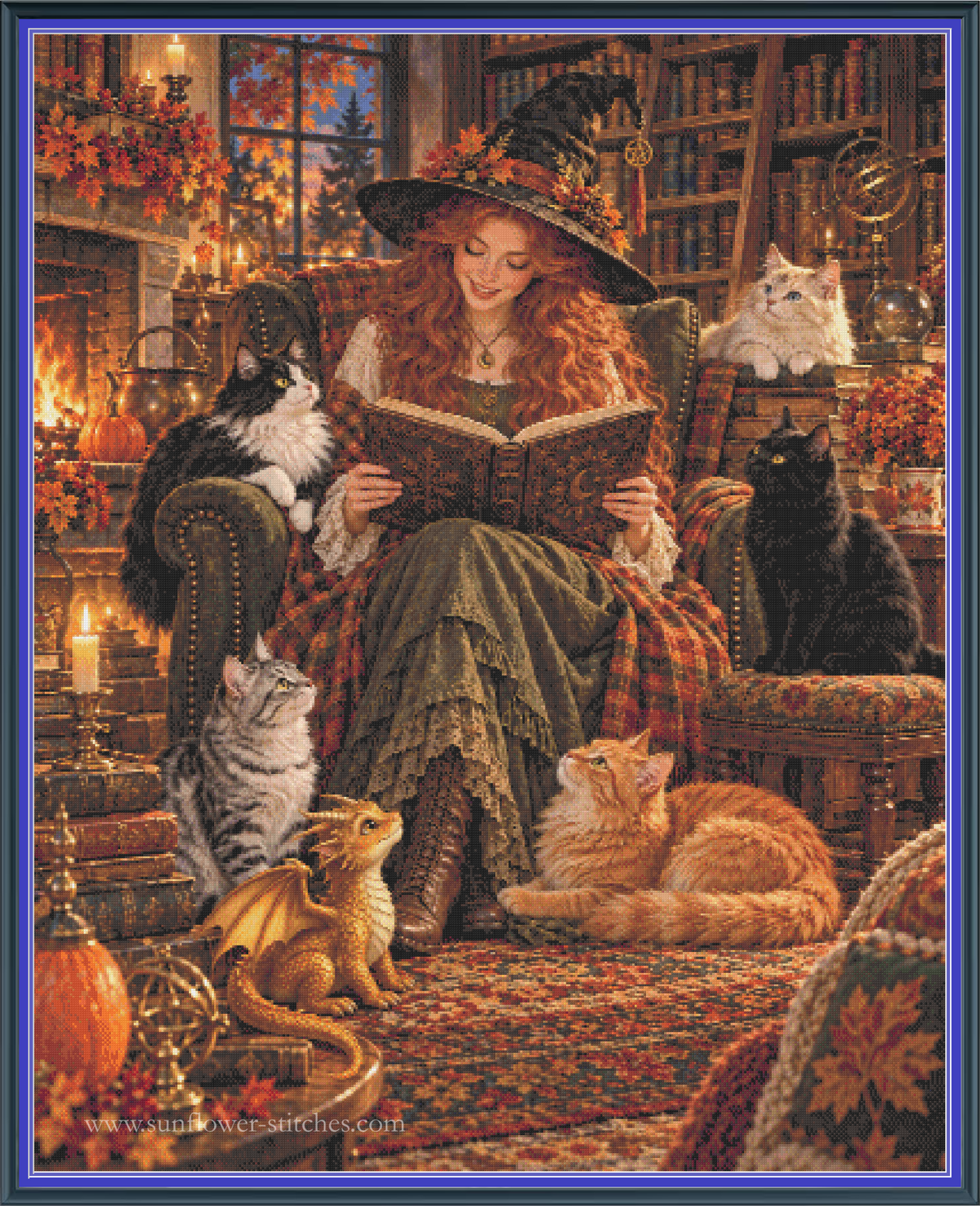 A cozy illustrated scene shows a woman in a witch hat reading a book in a warmly lit room, surrounded by several cats and a small dragon. The artwork fills most of the frame and appears to be the product itself rather than a photo of a physical item in a real environment, so subject_type is Scenery.