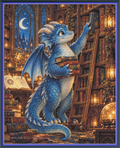 A square art print featuring a blue dragon standing in a glowing library, holding a book and reaching toward bookshelves under a crescent moon, framed by a blue border.