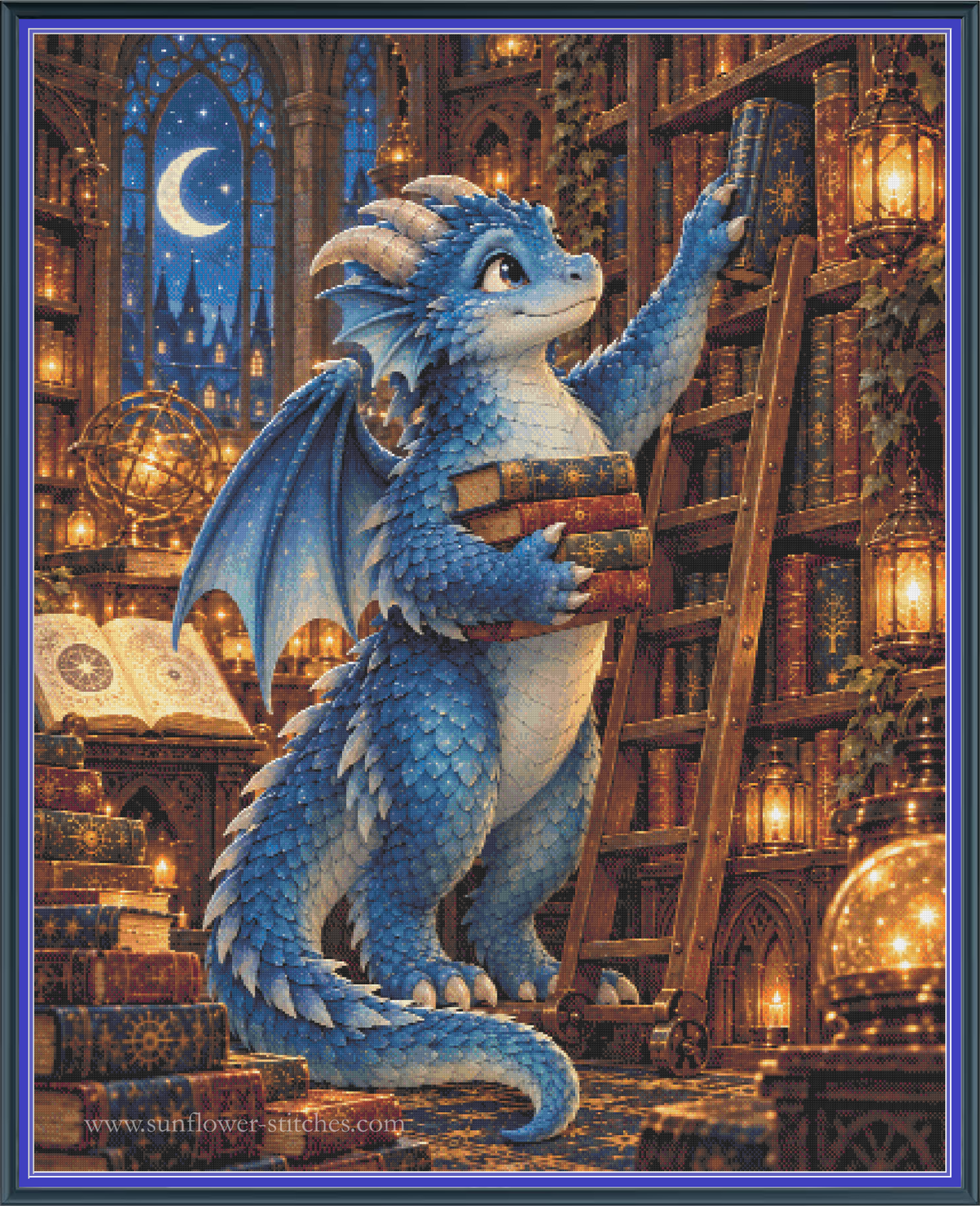 A square art print featuring a blue dragon standing in a glowing library, holding a book and reaching toward bookshelves under a crescent moon, framed by a blue border.