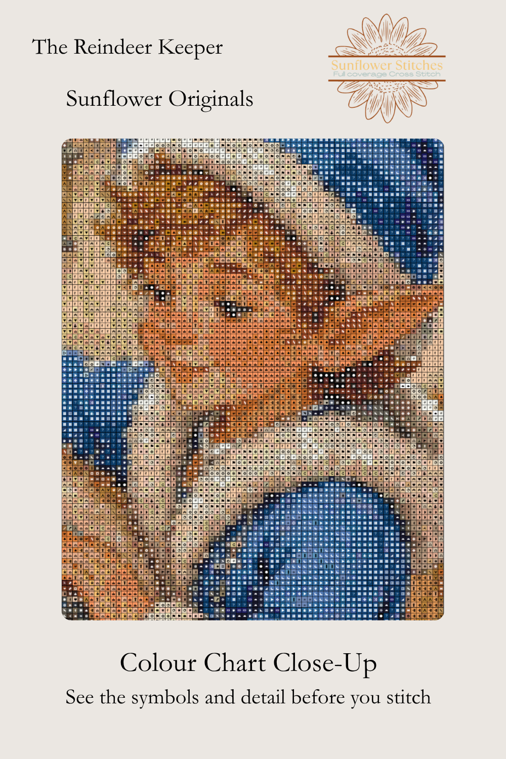 The Reindeer Keeper cross stitch colour chart symbol preview showing counted stitched grid detail of the elf. Sunflower Stitches.