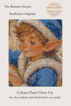 The Reindeer Keeper cross stitch colour chart symbol preview showing counted stitched grid detail of the elf. Sunflower Stitches.