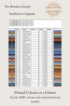 The Reindeer Keeper cross stitch DMC floss list preview showing thread colour codes and estimated usage, Sunflower Stitches.