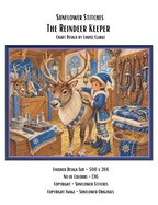 The Reindeer Keeper cross stitch pattern cover sheet preview showing design specifications and finished size details, Sunflower Stitches.