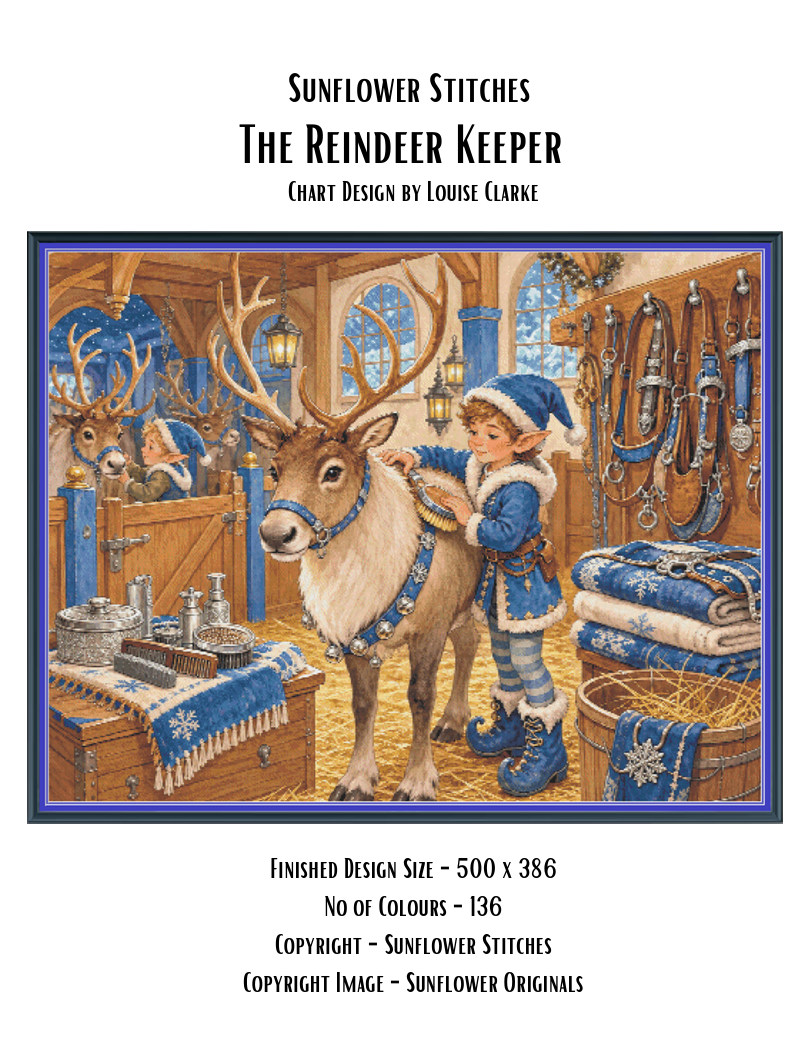 The Reindeer Keeper cross stitch pattern cover sheet preview showing design specifications and finished size details, Sunflower Stitches.