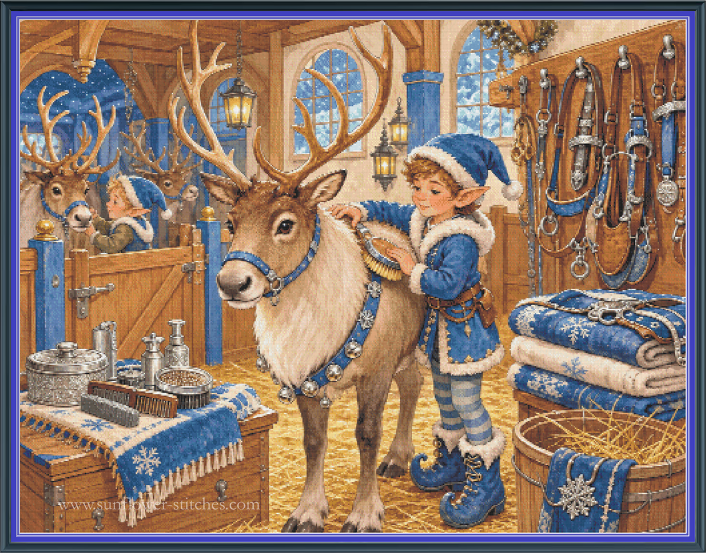 The Reindeer Keeper cross stitch pattern mockup featuring an elf grooming a reindeer in a stable, artwork by Sunflower Originals.