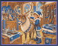 The Reindeer Keeper cross stitch pattern mockup featuring an elf grooming a reindeer in a stable, artwork by Sunflower Originals.