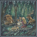 A cross stitch design design featuring a whimsical woodland scene with a wolf, deer, fox, rabbits, and a girl reading a book in a starry forest. 