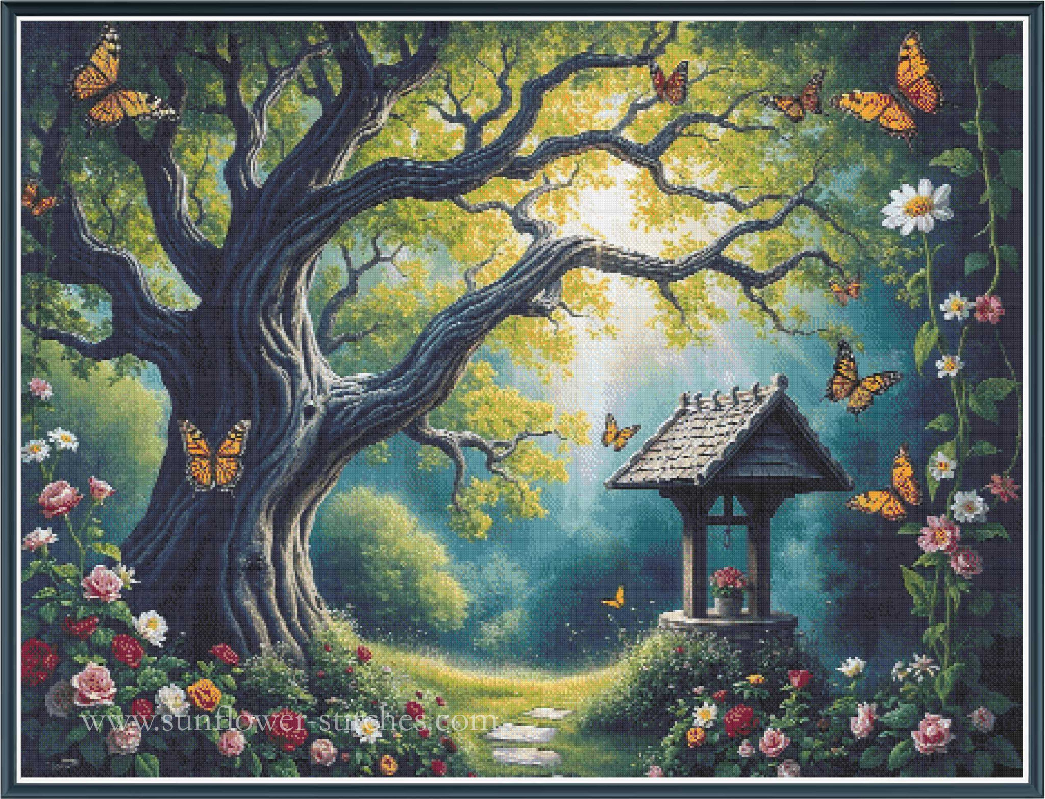 A colorful fantasy-style garden scene with a large gnarled tree, glowing sunlight through the leaves, butterflies, flowers, and a small gazebo structure. 