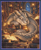 A fantasy illustration of a large sleeping gray dragon curled around stacked books in a glowing library, with candles, open manuscripts, and stained-glass windows showing a crescent moon. The artwork is framed by a blue border, and a watermark for Sunflowers Enchics is visible at the bottom.