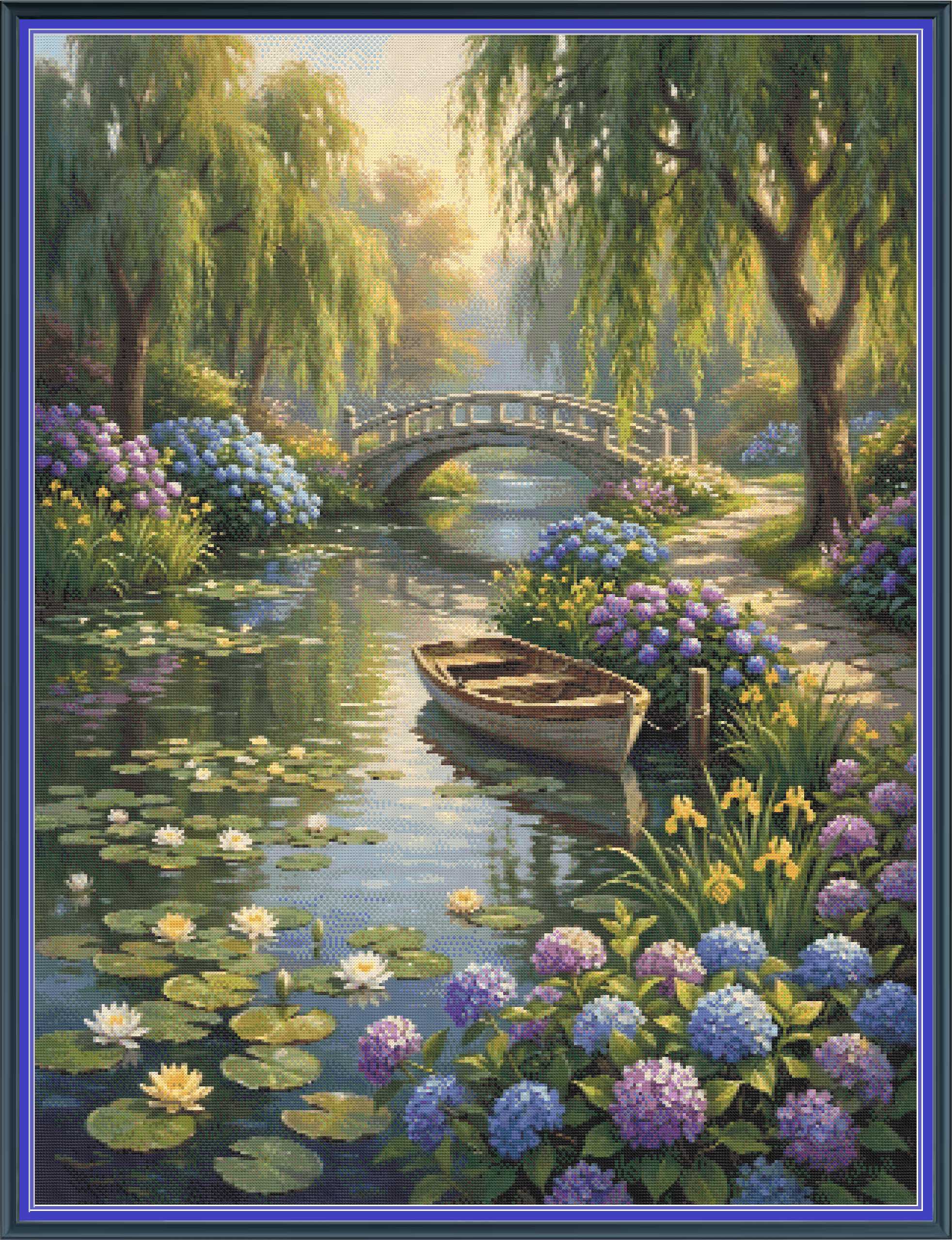 A framed-style scenic artwork showing a peaceful garden pond with a small rowboat, water lilies, purple and blue hydrangeas, weeping trees, and a stone bridge in the background.