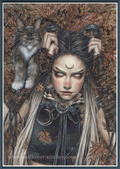 A cross stitch preview featuring a fantasy-style portrait of a woman with dark hair in buns, a crescent moon on her forehead, surrounded by autumn leaves, with a gray cat on her shoulder. 