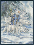 Walk As One cross stitch pattern mock-up, showing a blue-robed elder with animals in snowy woodland, Sunflower Stitches.