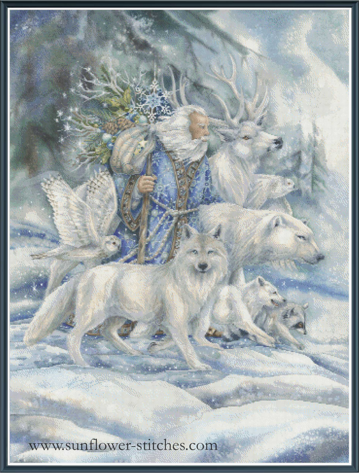 A winter fantasy illustration showing a robed elder with a staff carrying reindeer and wolves through a snowy landscape, with a bird at his side. 