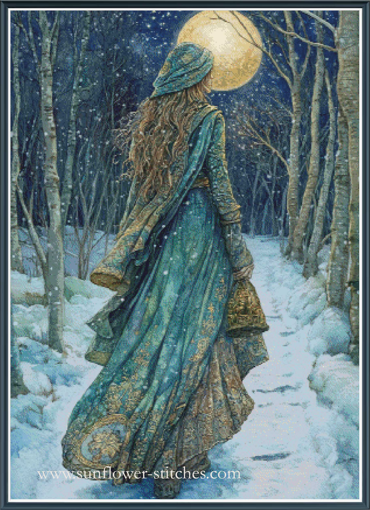 A winter fantasy cross stitch showing a woman in a flowing teal dress and matching hat standing in a snowy forest at night under a large glowing moon. 