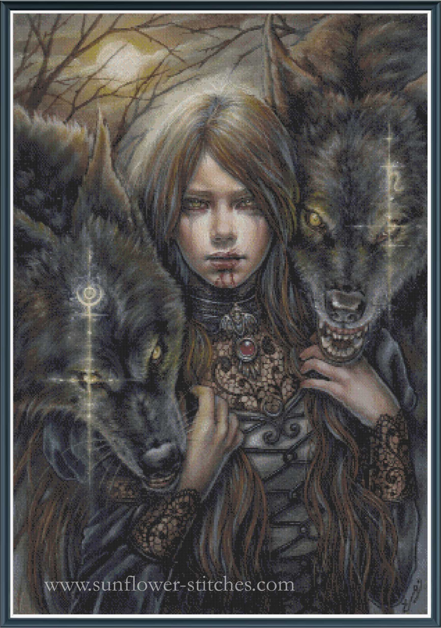 A cross stitch featuring a pale girl with long light brown hair surrounded by two large wolves in a dark forest scene. 