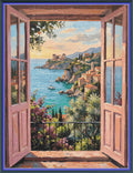 A scenic coastal town painting viewed through an open wooden window, with blue sea, cliffs, buildings, and greenery in the foreground.