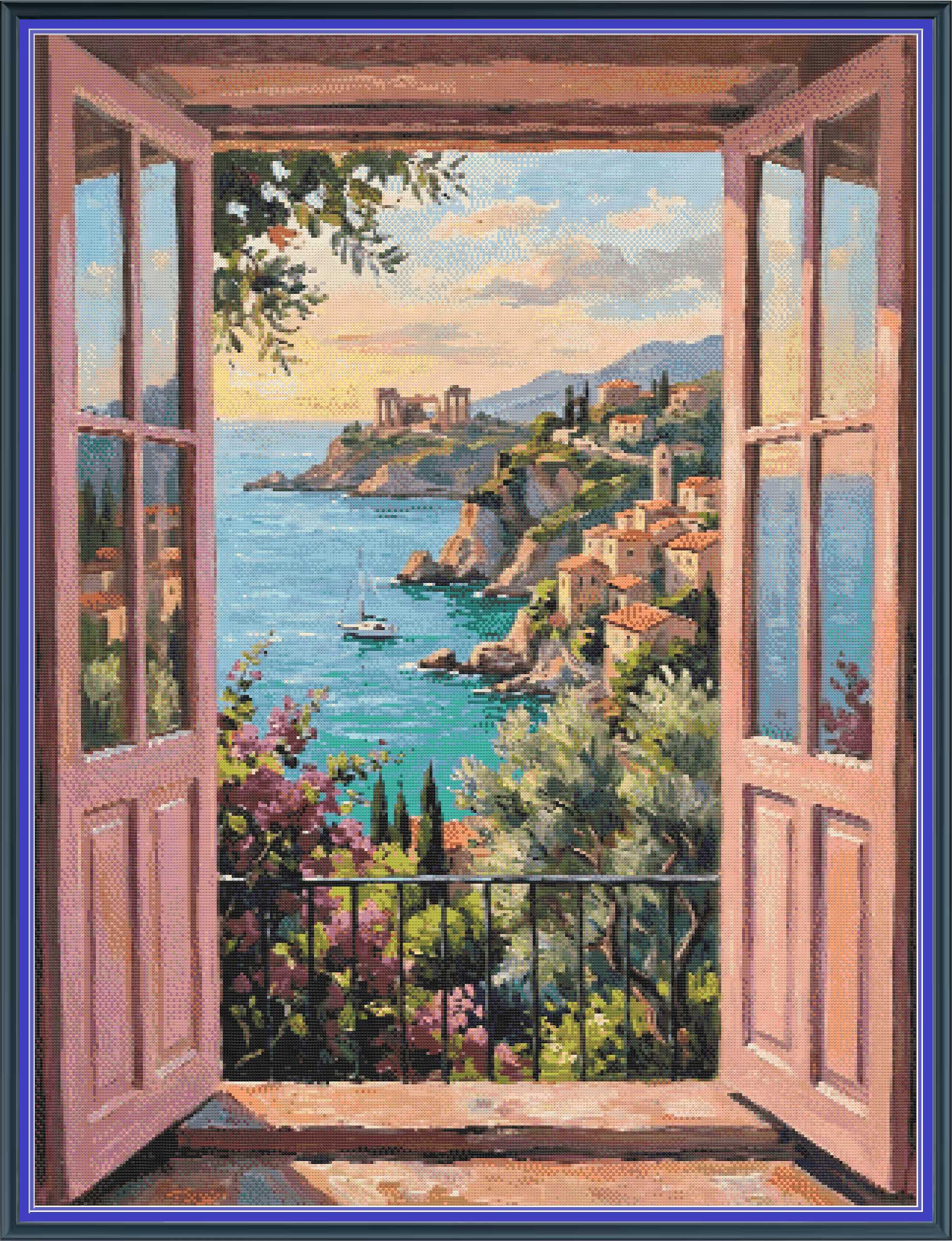 A scenic coastal town painting viewed through an open wooden window, with blue sea, cliffs, buildings, and greenery in the foreground.