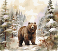 Winter Bear cross stitch pattern mock-up, showing a brown bear among snow-covered evergreen trees, Sunflower Stitches.