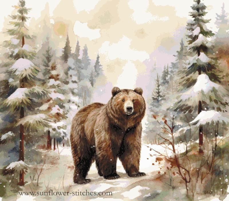 A painted winter forest scene featuring a brown bear standing on a snowy path between snow-covered pine trees. The artwork has a soft, painterly style with muted greens, whites, browns, and warm beige sky tones.