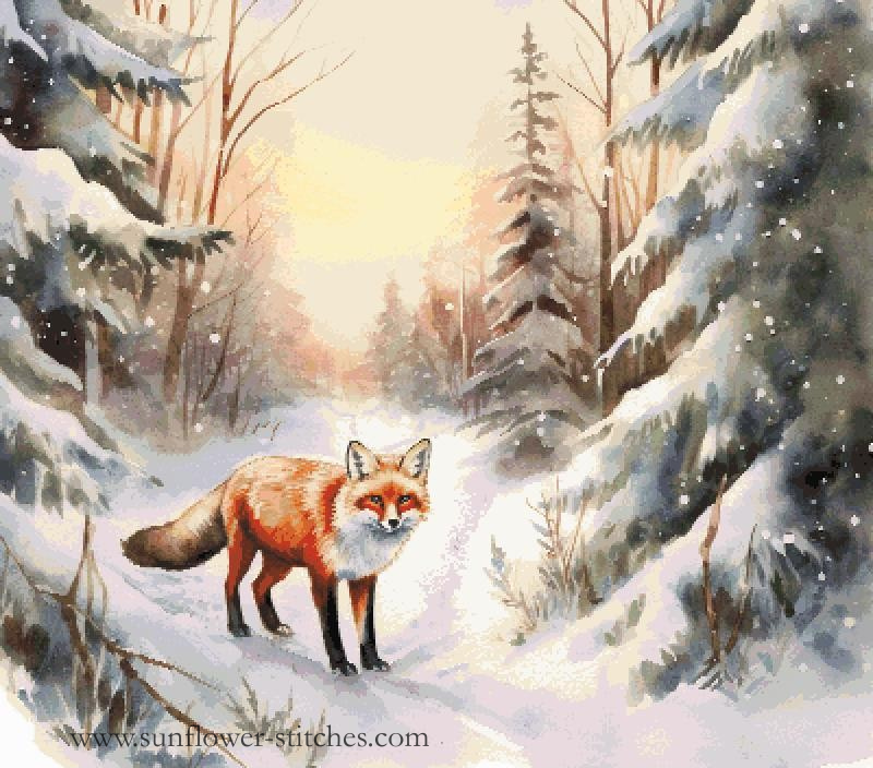 Watercolor-style winter forest scene with a red fox standing in snow among pine trees, with a warm glowing sky in the distance. 