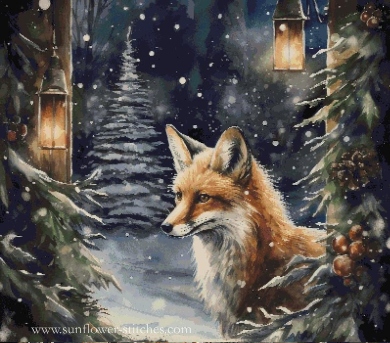A winter night scene painting featuring a red fox in the snow beside a snowy evergreen tree, with lanterns hanging on both sides and falling snowflakes throughout. The artwork is watermarked with 'www.