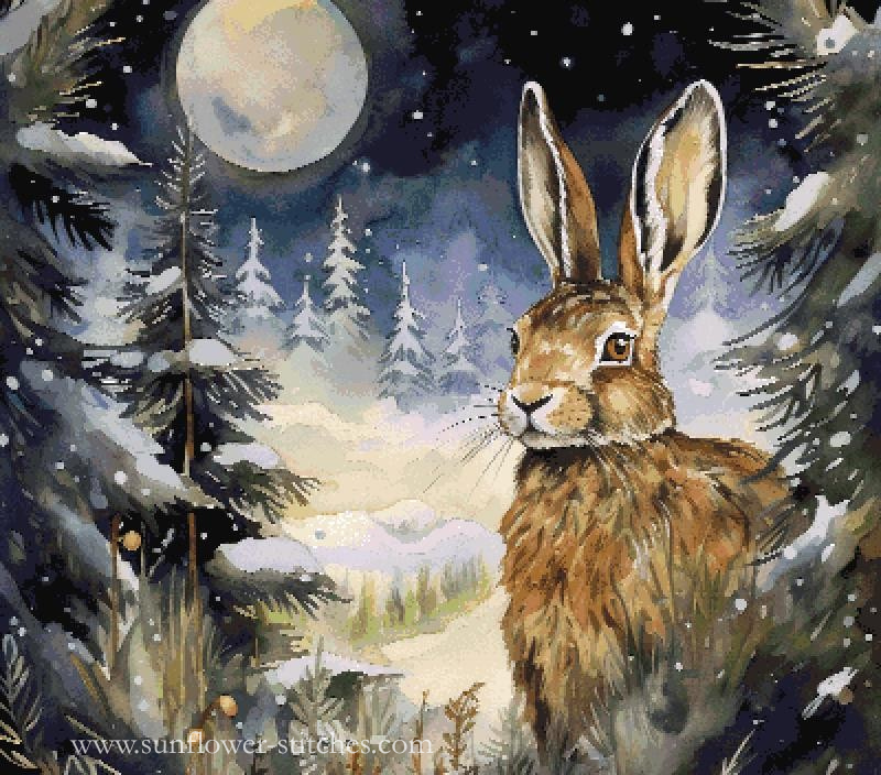 A painted winter night scene featuring a brown hare in a snowy forest under a full moon, with dark evergreen trees and a pale glowing sky.